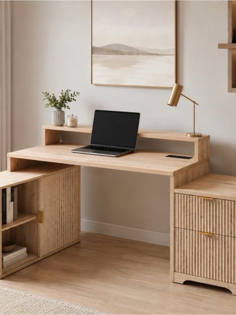 Minimal Sand Oak Home Office Desk with Raised Shelf